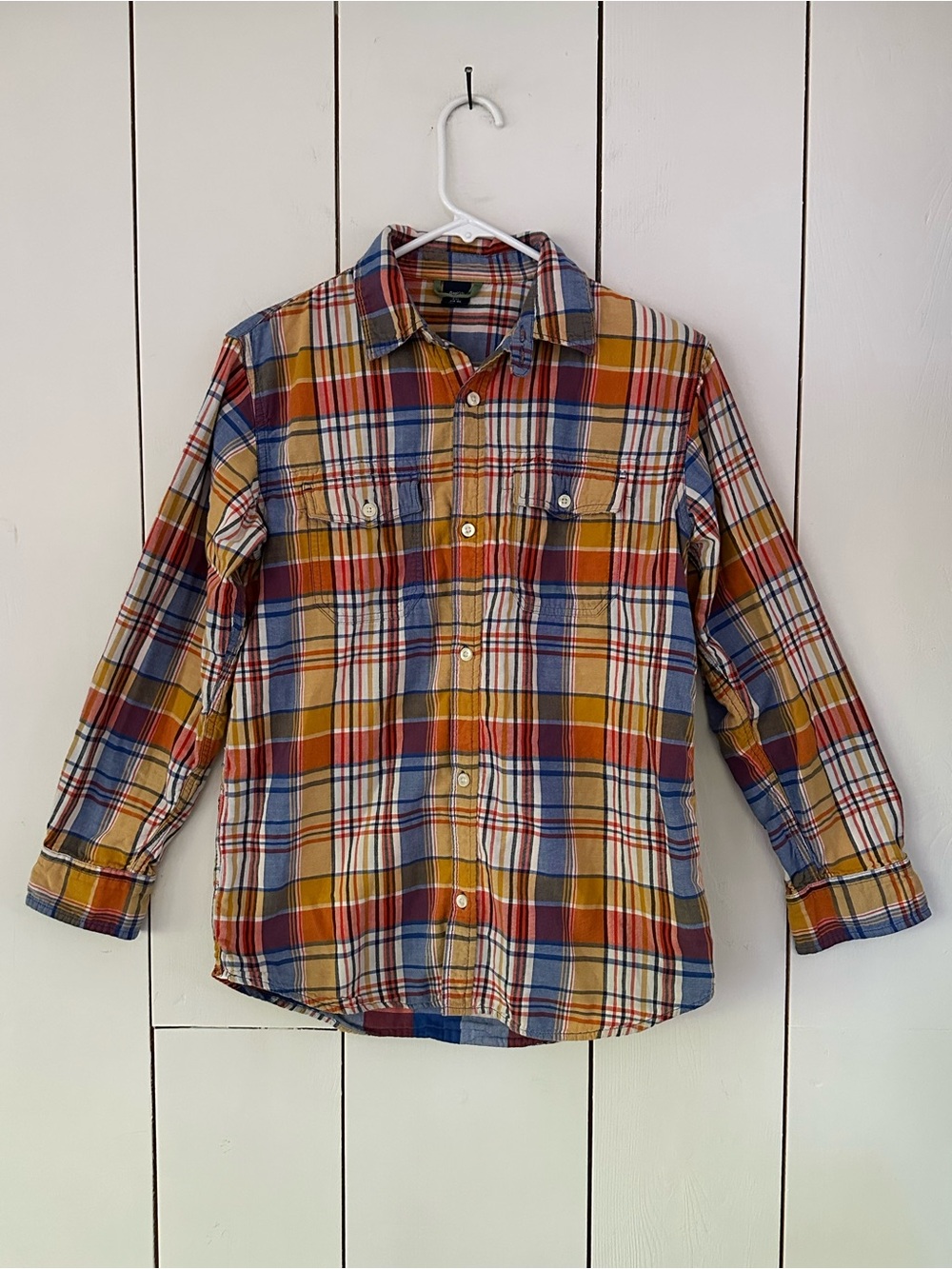 Gap Madras Plaid Button-Up Shirt Kids XXL 14-16 Orange Blue Double Layer Cotton